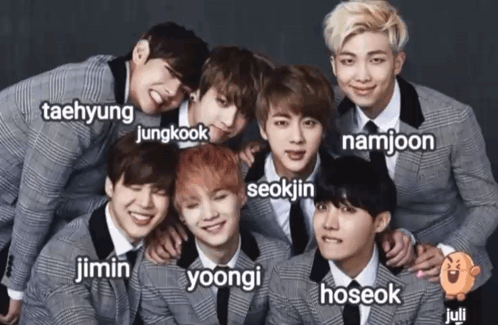 A Group Of Young Men Posing For A Picture With The Names Taehyung Jungkook Namjoon And Jimin GIF