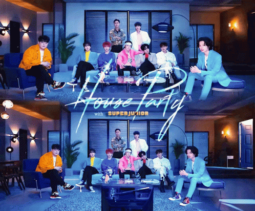 A Group Of Young Men Sitting In A Living Room With The Words House Party With Super Junior GIF