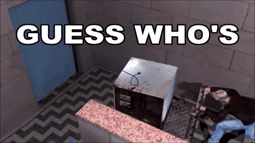 A Guess Who 'S Poster With A Man Standing In Front Of A Microwave GIF