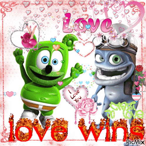 A Gummy Bear And A Frog Are On A Pink Background With The Words Love Win GIF