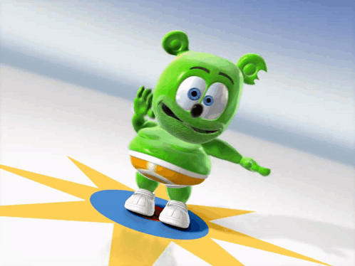 A Gummy Bear Is Standing On A Blue And Yellow Circle GIF