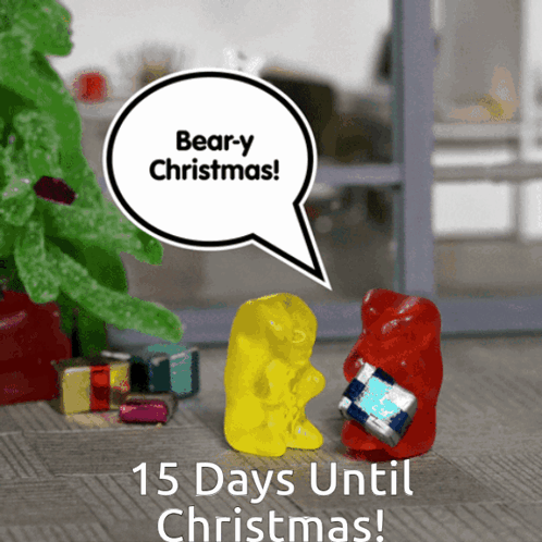 A Gummy Bear Says " Bear-Y Christmas " Next To A Christmas Tree GIF