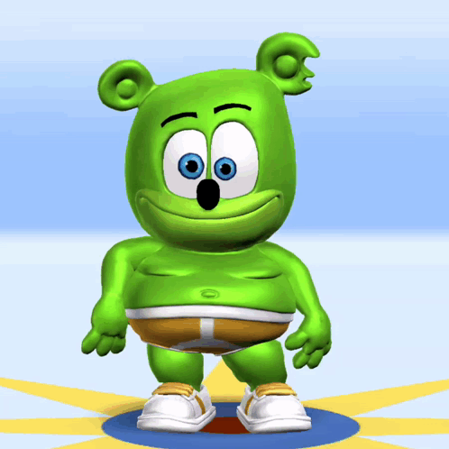 A Gummy Bear With Blue Eyes Is Standing On A Blue And Yellow Circle GIF