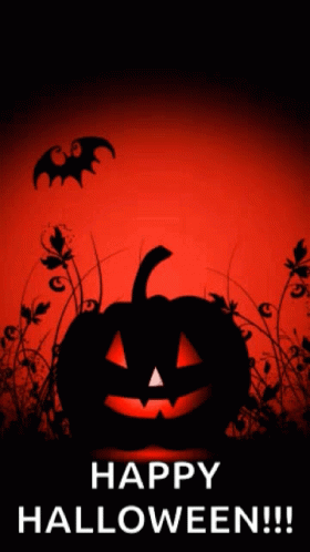 A Halloween Greeting Card With A Pumpkin And Bats And The Words Happy Halloween GIF