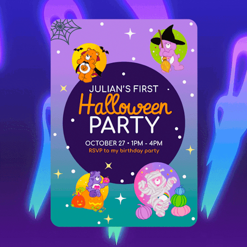 A Halloween Party Invitation For Julian 'S First Birthday GIF