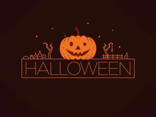 A Halloween Sign With A Pumpkin And A Spider Hanging From It GIF