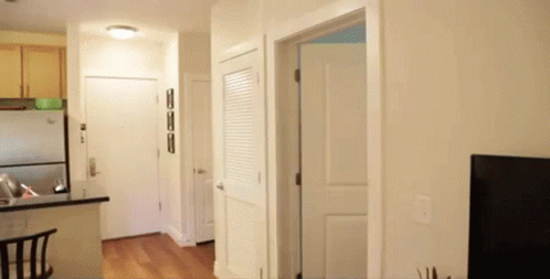 A Hallway Leading To A Kitchen And A Closet GIF