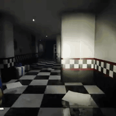 A Hallway With A Checkered Floor And A Red White And Black Border GIF
