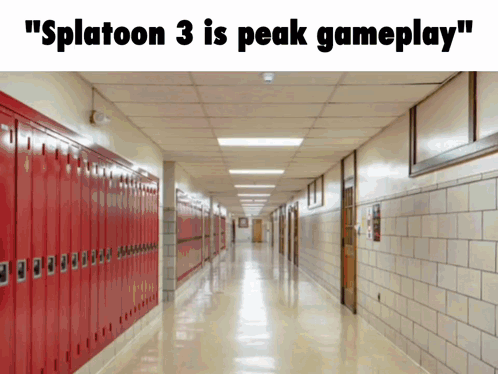 A Hallway With Red Lockers And The Words " Splatoon 3 Is Peak Gameplay " On Top GIF