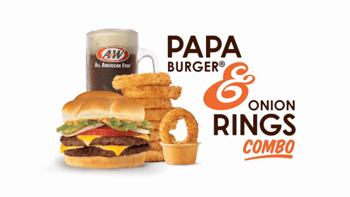 A Hamburger Onion Rings And A Cup Of A&w Soda GIF