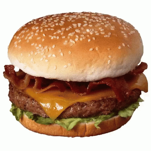 A Hamburger With Cheese Bacon And Lettuce On A Bun With Sesame Seeds GIF