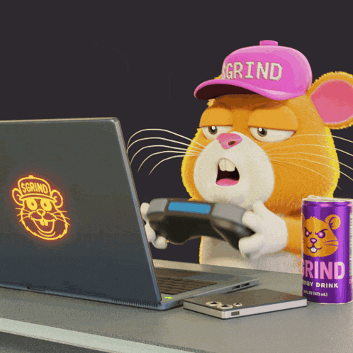 A Hamster Wearing A Pink Hat That Says Grind Is Playing A Video Game GIF