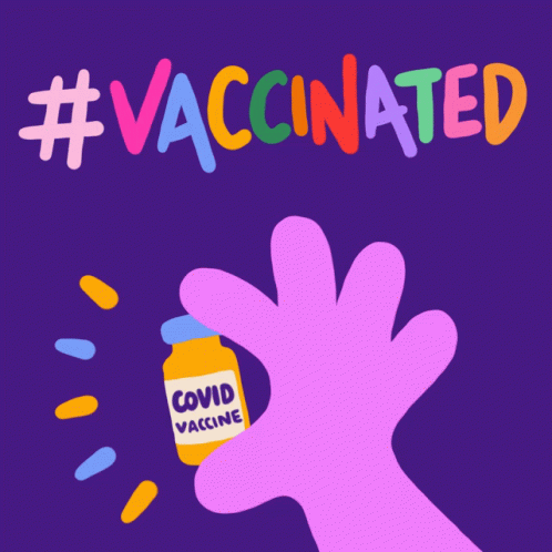 A Hand Holding A Bottle Of Covid Vaccine In Front Of The Words # Vaccinated GIF
