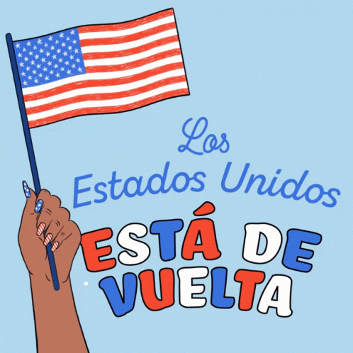 A Hand Holding An American Flag With The Words Estados Unidos Esta De Vuelta GIF