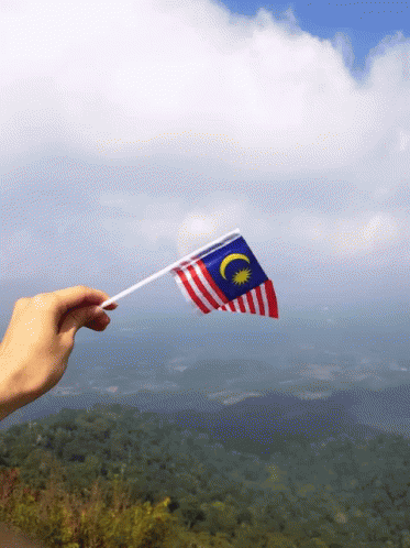 A Hand Is Holding A Small Malaysian Flag In Front Of A Cloudy Sky GIF