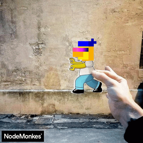 A Hand Is Holding A Sticker Of Homer Simpson In Front Of A Nodemonkes Logo GIF