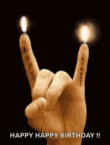 A Hand Is Making A Rock And Roll Sign With Two Lit Candles On Its Fingers . GIF