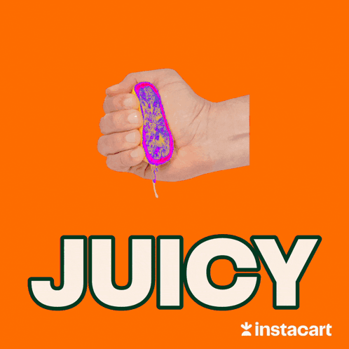 A Hand Is Squeezing A Slice Of Lemon And The Word Juicy Is On A Blue Background GIF