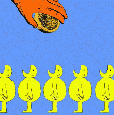 A Hand Is Squeezing A Slice Of Lemon Over A Row Of Yellow Cartoon Characters GIF