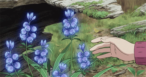 A Hand Reaches Out To Touch A Purple Flower In The Grass GIF