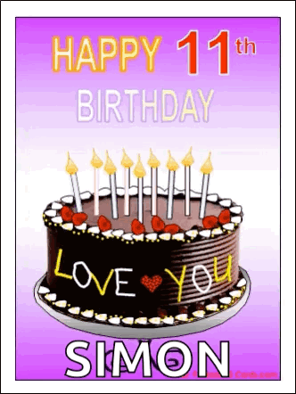 A Happy 11Th Birthday Greeting Card With A Chocolate Cake And Candles GIF