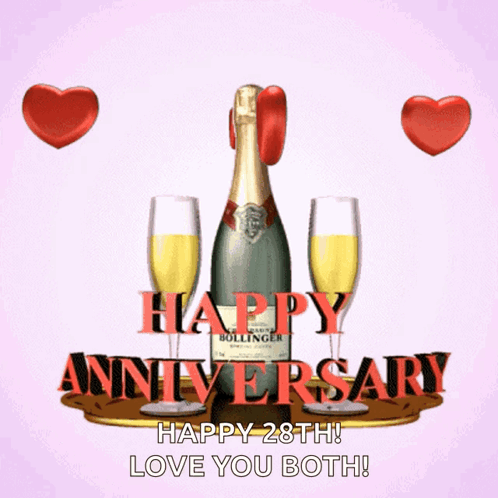A Happy 28Th Anniversary Greeting With A Bottle Of Champagne And Two Glasses GIF