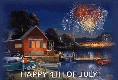 A Happy 4Th Of July Greeting Card Shows Fireworks Over A Lake GIF