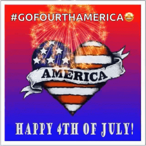 a happy 4th of july greeting card with a heart shaped american flag surrounded by fireworks .