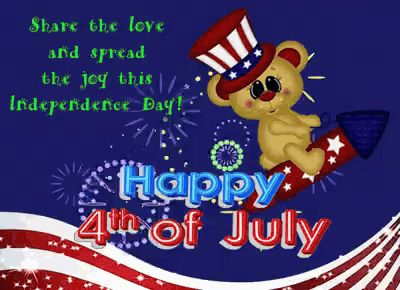 a happy 4th of july greeting card with a teddy bear on a fireworks rocket
