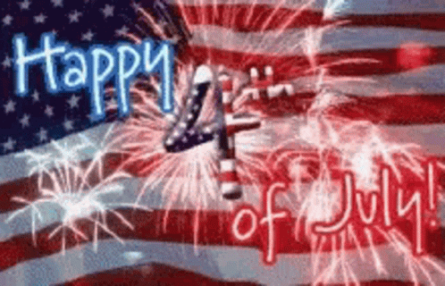 A Happy 4Th Of July Greeting Card With Fireworks And An American Flag In The Background GIF