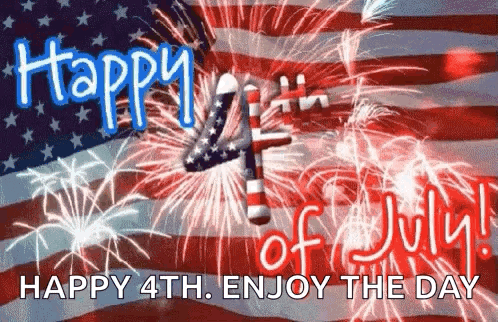A Happy 4Th Of July Greeting Card With Fireworks And An American Flag In The Background . GIF