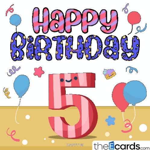 A Happy 5Th Birthday Card With Balloons And Streamers GIF