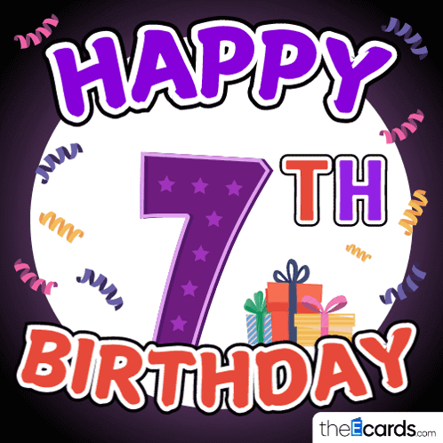 A Happy 7Th Birthday Greeting Card With A Purple Number GIF