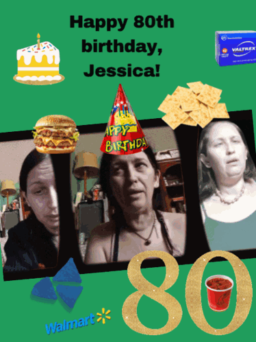 A Happy 80Th Birthday Card For Jessica With A Hamburger And Chips GIF