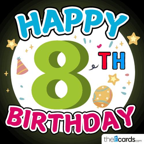 A Happy 8Th Birthday Card With A Green Number 8 GIF