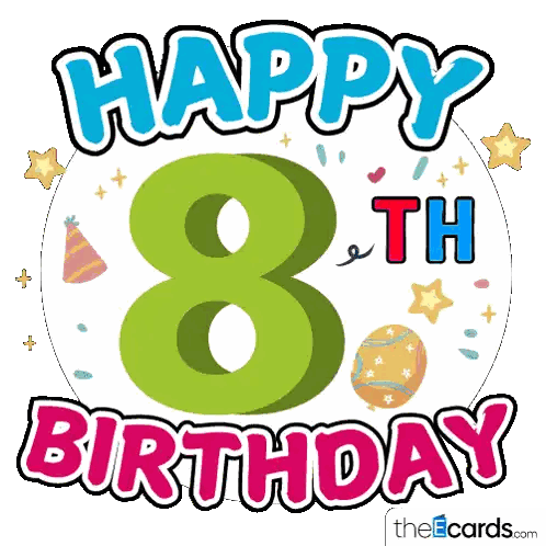 a happy 8th birthday card with a green number