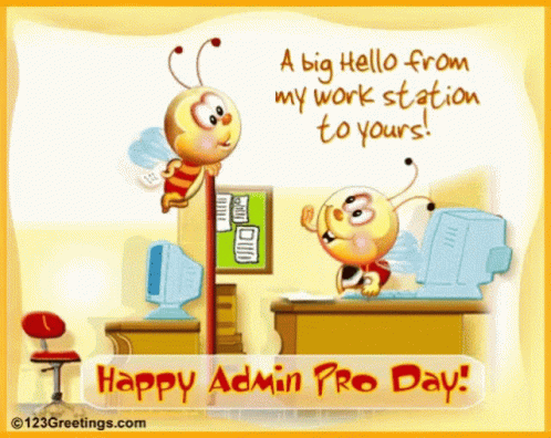A Happy Admin Pro Day Greeting Card With Two Cartoon Bees GIF