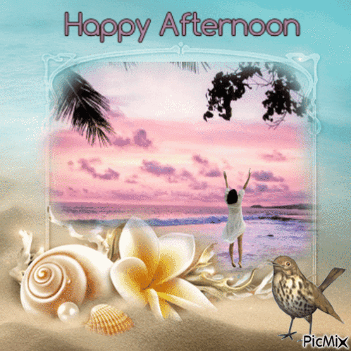 A Happy Afternoon Greeting Card With A Woman Standing On The Beach GIF