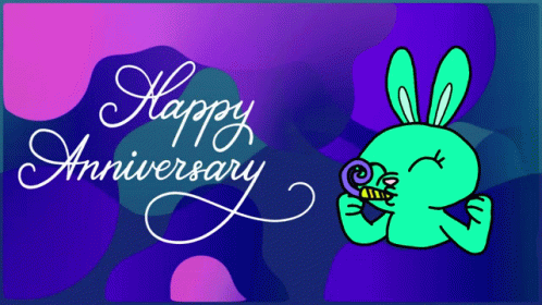 A Happy Anniversary Card With A Green Bunny Blowing A Horn GIF