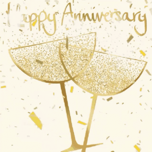 A Happy Anniversary Card With Two Champagne Glasses On It GIF
