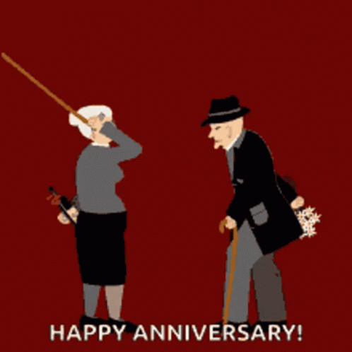A Happy Anniversary Greeting Card With An Elderly Couple Holding Sticks GIF