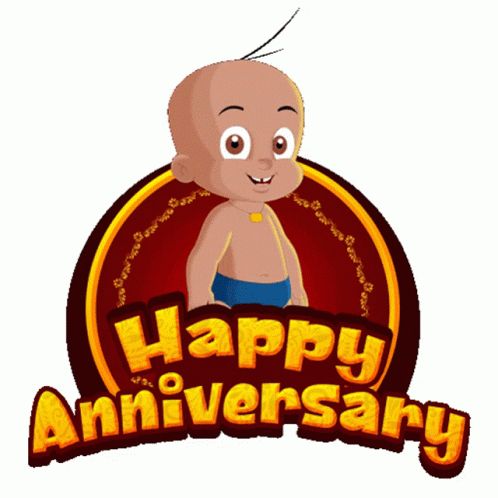 A Happy Anniversary Logo With A Cartoon Character On It GIF