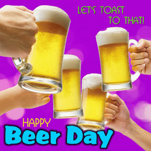A Happy Beer Day Greeting Card With A Purple Background GIF