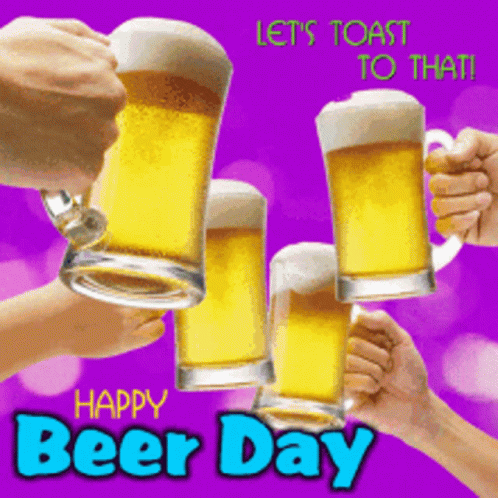 A Happy Beer Day Greeting Card With People Toasting With Beer Glasses GIF