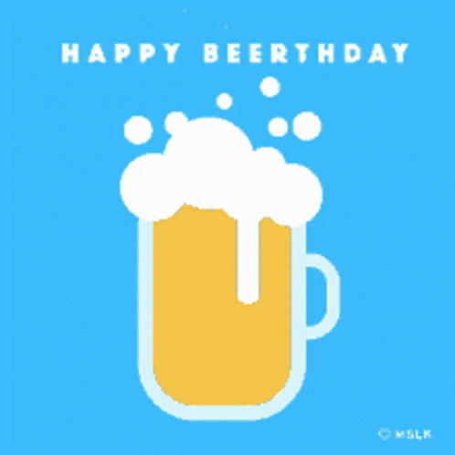 A Happy Beerthday Greeting Card With A Mug Of Beer On A Blue Background GIF