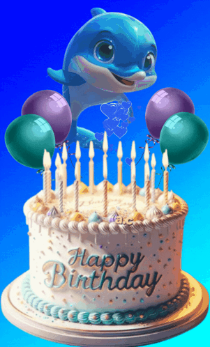 A Happy Birthday Cake With A Dolphin And Balloons On It GIF