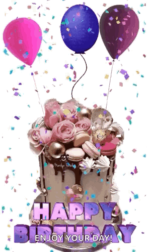 A Happy Birthday Cake With Balloons And Confetti On It GIF