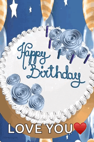 A Happy Birthday Cake With Blue Frosting And Candles GIF