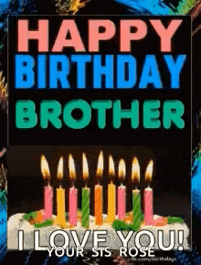 A Happy Birthday Card For A Brother With A Cake And Candles . GIF