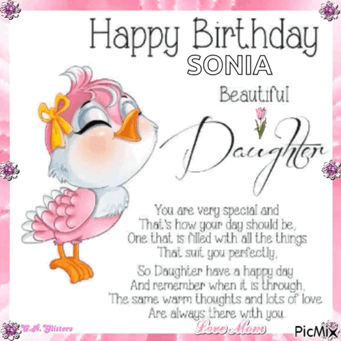 A Happy Birthday Card For A Daughter With A Pink Bird GIF